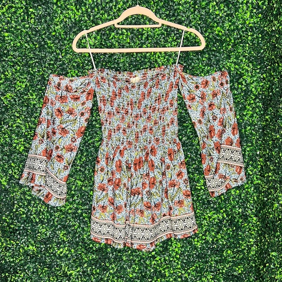 Altar'd State Pants - Alter'd State Floral Smocked Off Shoulder Romper shorts size S long sleeve lined